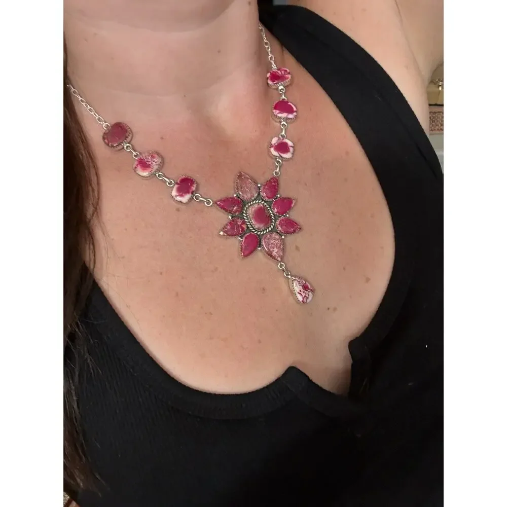 Native American SW Sterling Silver Pink Red Jasper Huge Cluster Necklace Lariat